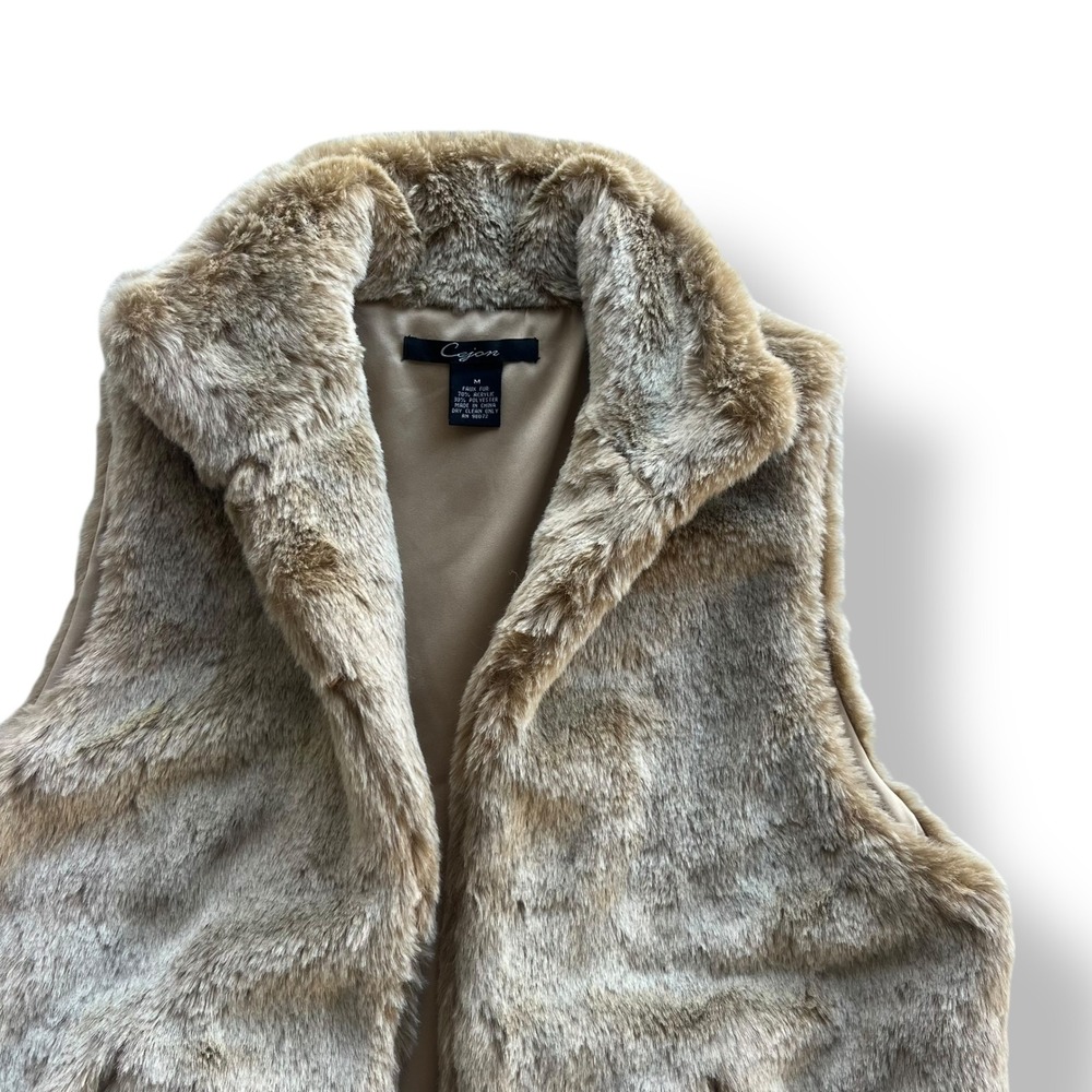 Cejon Women's Med Tan Beige Plush Faux Fur Stand Collar Hook & Eye Vest Boho Y2K